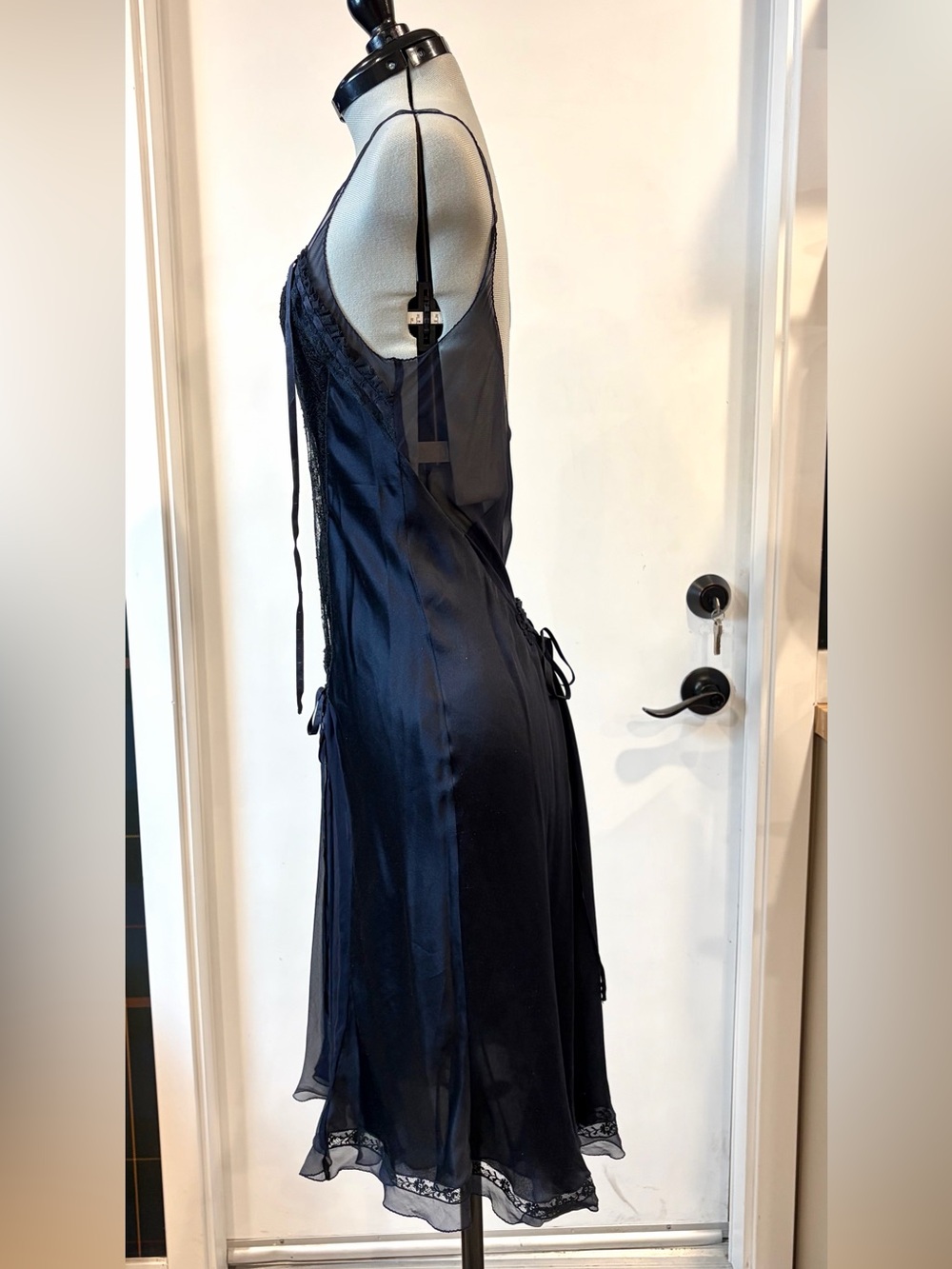 Vintage slip dress, 20’s style, silk satin&chiffon, lace details, navy,4, EUC - Picture 10 of 11